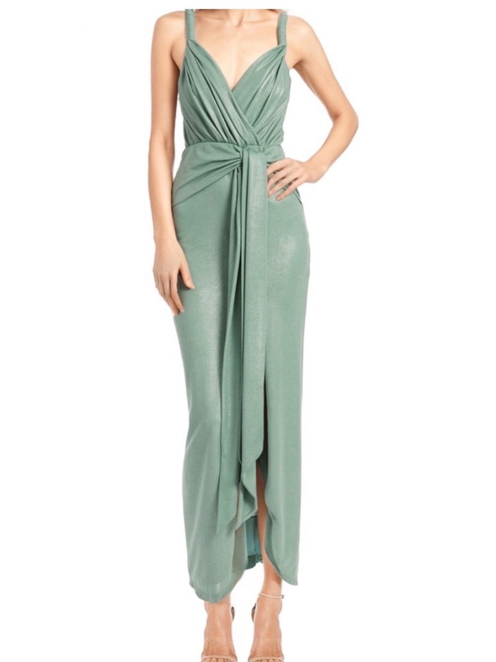 Jewel Badgley Mischka Mint Green Draped Maxi Gown with Front Knot NWT